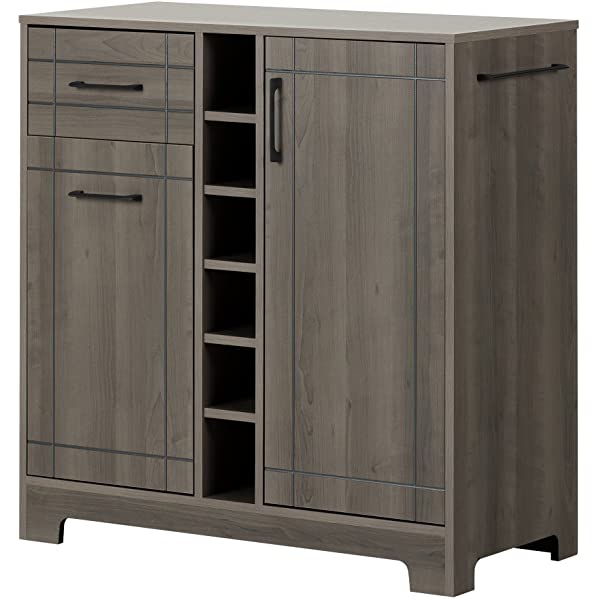 South Shore Bar Cabinet with Bottle and Glass Storage, Black Oak Black Oak Bar Cabinet