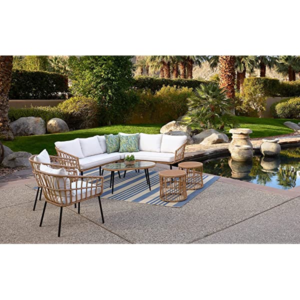 Quality Outdoor Living 65-YZ03HM Hermosa 3 Piece Chat Set, Tan Wicker + Linen Cushions 3-Piece Chat Set (Linen Cushions)