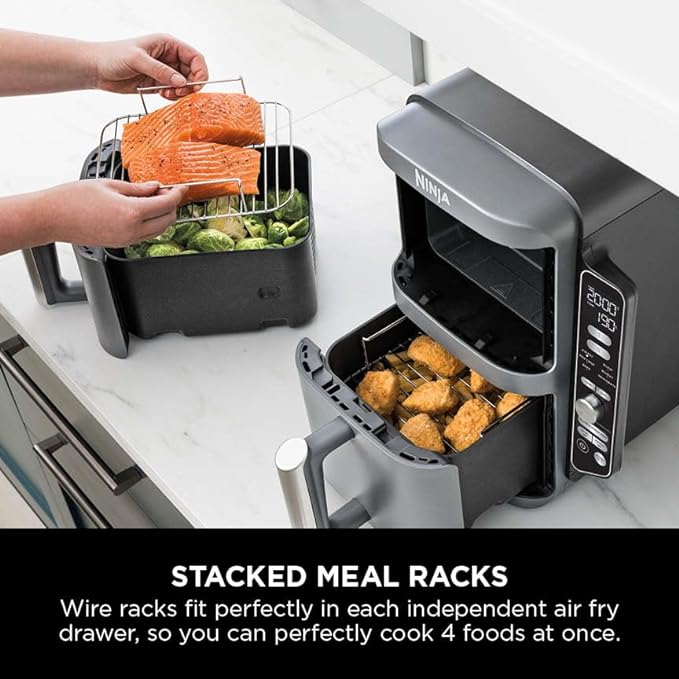 Ninja Double Stack XL Air Fryer, Vertical Dual Drawer AirFryer with 4 cooking levels, 2 Drawers and 2 Racks, Space Saving Design, 9.5L Capacity, 6 Cooking Functions, 8 Portions, GreySL400UK