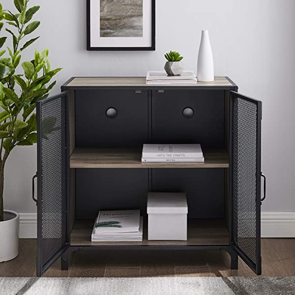 Walker Edison Malcomb Urban Industrial Metal Mesh Double Door Rolling Bar Cabinet, 33 Inch, Rustic Oak Rustic Oak 33 Inch