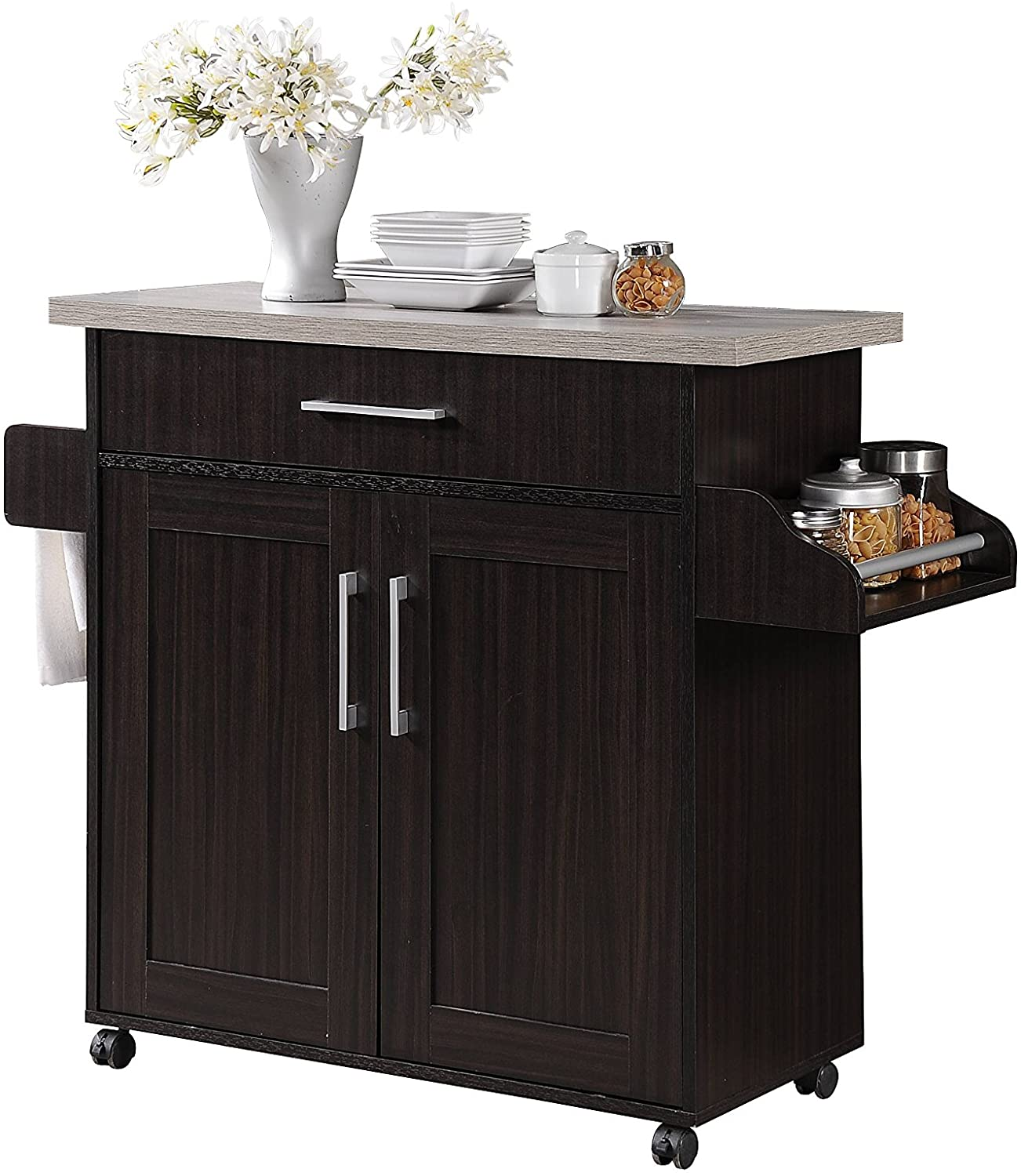 Hodedah Kitchen Island with Spice Rack, Towel Rack & Drawer, Black with Beech Top