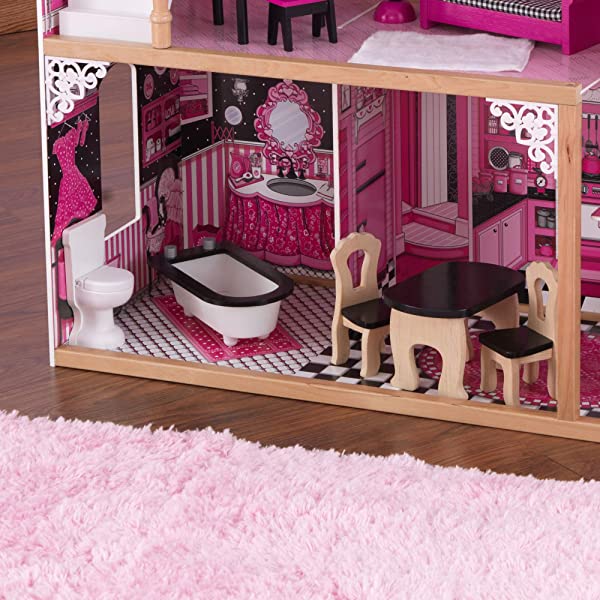 Wooden Dollhouse with Elevator, Balcony and 15-Piece Accessories, Pink, Gift for Ages 3+