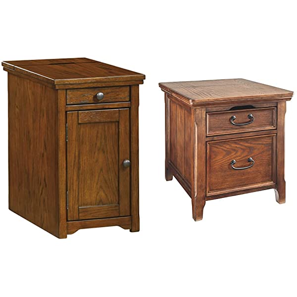 Signature Design by Ashley Tyler Creek Rustic Chair Side End Table with Pull-Out Tray & USB Ports, Brown Blackish Brown Table