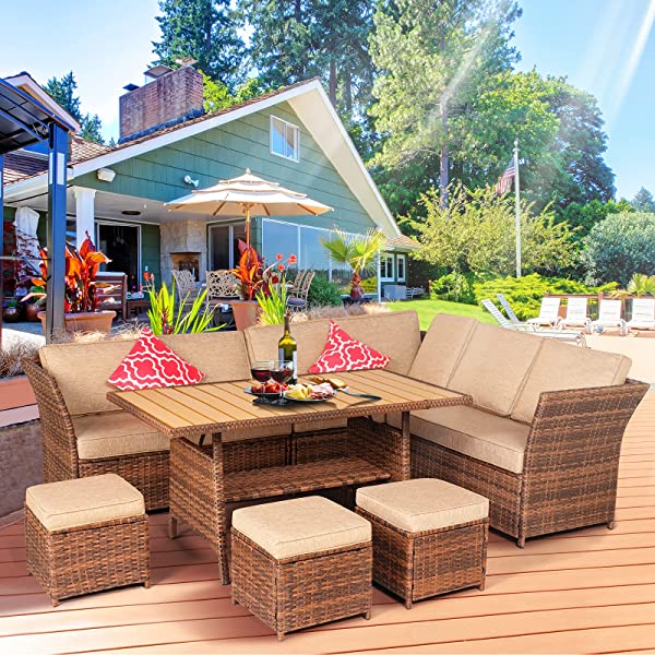 Aoxun 7 Pieces Outdoor Furniture Set, Sectional Sofa Conversation Set with Cushions and Pillows, All Weather Wicker Rattan Suitable for Deck or Yard(Brown) 7 Pieces - Brown