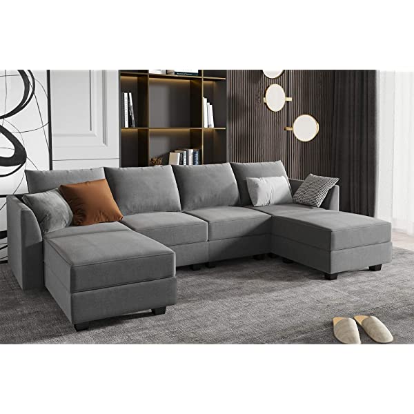 HONBAY Convertible Sectional Sofa U Shaped Couch with Reversible Chaise Modular Oversized Couch Sectional Sofa with Ottomans, Aqua Blue U Shape Sofa-1 Blue