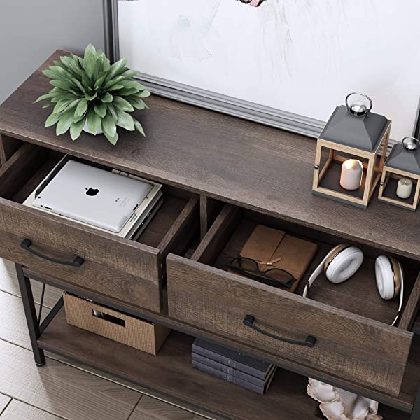 Console Table with Drawers, Rustic Hallway Table with Storage Shelves, Narrow Long Sofa Entryway Table for Living Room, Metal Frame, Dark Brown