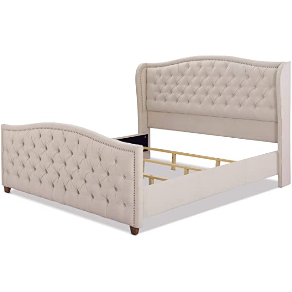 Jennifer Taylor Home Marcella Collection Queen Wingback Tufted Hand-Applied Nail Heads Upholstered Bed, Antique White Antique White Queen