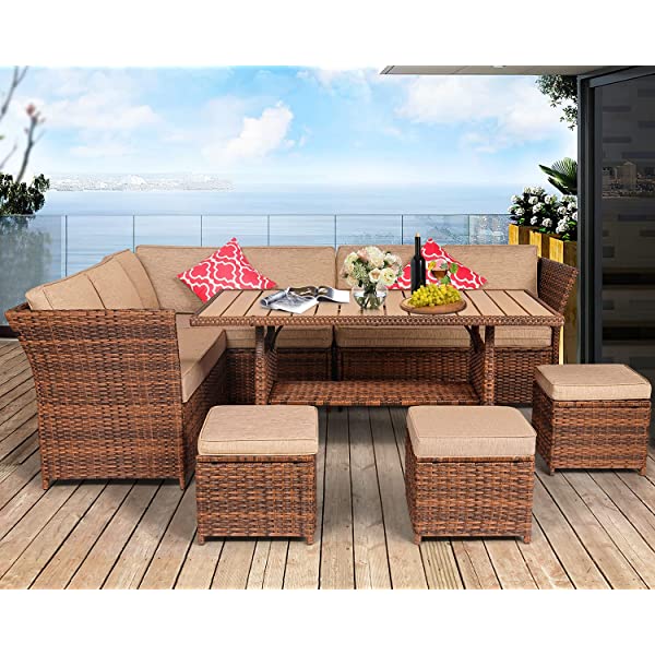 Aoxun 7 Pieces Outdoor Furniture Set, Sectional Sofa Conversation Set with Cushions and Pillows, All Weather Wicker Rattan Suitable for Deck or Yard(Brown) 7 Pieces - Brown