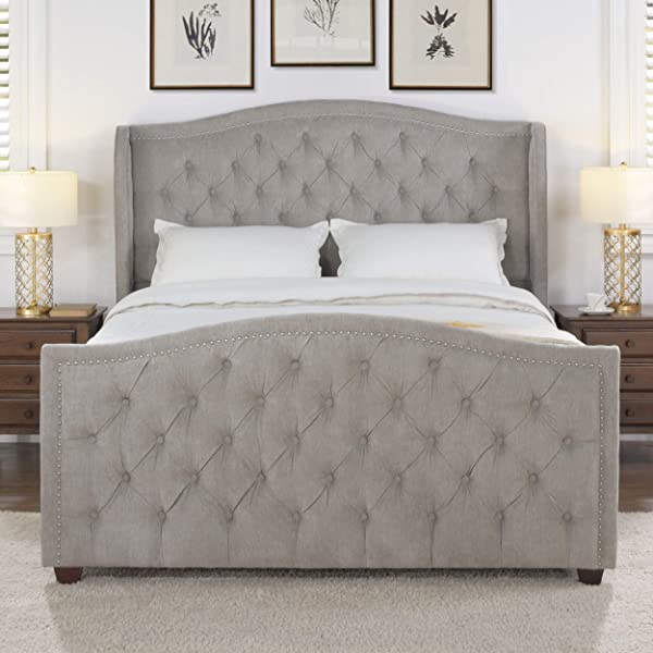 Jennifer Taylor Home Marcella Collection Queen Wingback Tufted Hand-Applied Nail Heads Upholstered Bed, Antique White Antique White Queen