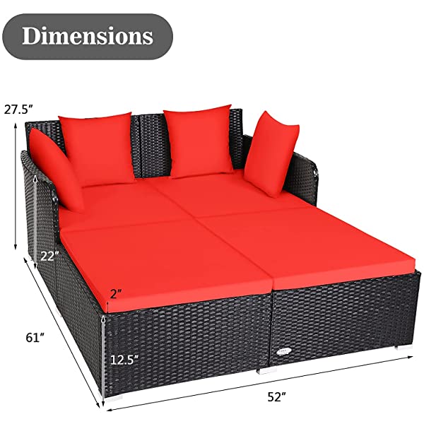 Salches Outdoor Rattan Daybed, Patio Loveseat Sofa Set w/Comfortable Cushions, Extra Pillows & Metal Foot, Sunbed Wicker Furniture for Yard/Poolside/Living Room/Garden/Porch (Red)