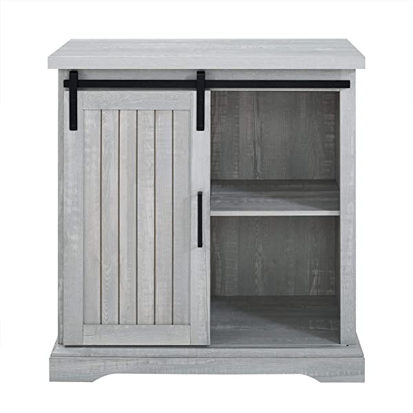 Walker Edison Beaumont Modern Farmhouse Sliding Slat Door Storage Cabinet, 32 Inch, White Oak White Oak Groove Door Cabinet