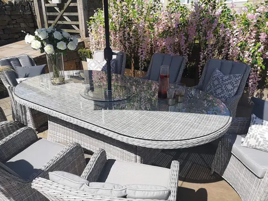 Malibu 8 Seat Oval Rattan Dining Set in Light Grey