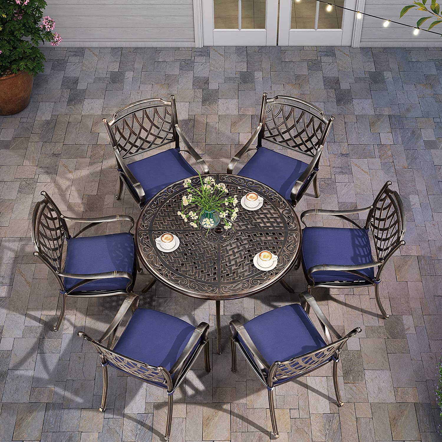 【Home&Garden】Patio Dining Set Cast Aluminum 7-Pc Furniture Set with Dining Armchairs, Table & Cushions