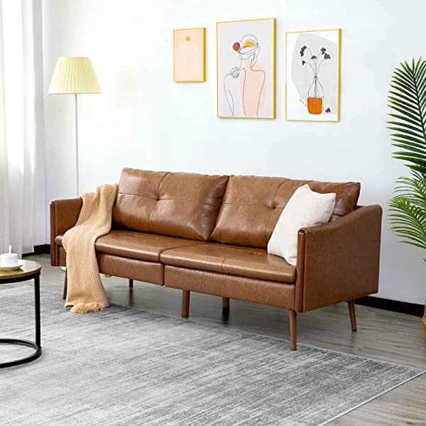 Vonanda Faux Leather Sofa Couch, Modern Tufted 3-Seater Sofa with Clean Lines and Upholstered Artificial Leather for Compact Living Space, Chestnut Brown 3-seater sofa Chestnut Brown