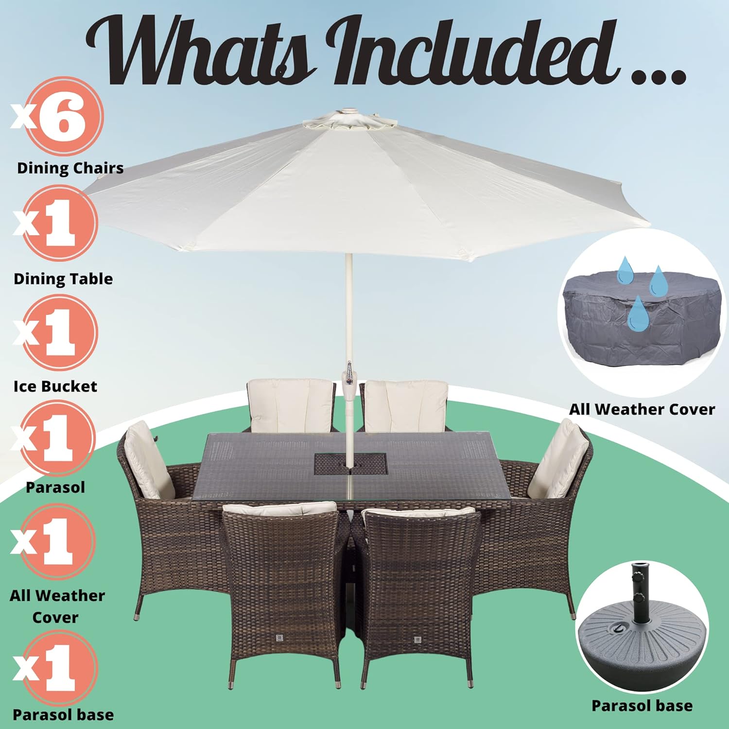 Savannah Rattan Dining Set | Rectangle 6 Seater Brown Rattan Table & Chairs Set with Ice Bucket Drinks Cooler | Outdoor Poly Rattan Garden Dining Furniture Set with Parasol & Cover