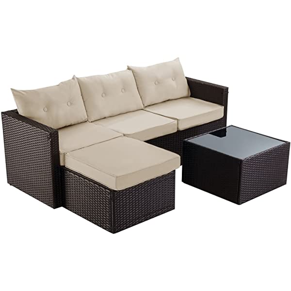 Allewie Dark Grey Patio Conversation Set, 3 Pieces PE Wicker Rattan Outdoor Furniture Set, Lounge Sofa and Loveseat with Cushions, Tempered Glass Coffee Table (Black & Dark Grey) Dark Grey & Black