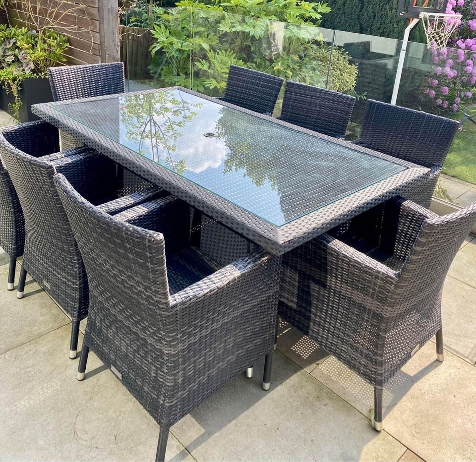 Garden Dining Table + 8 Chairs Rattan Garden Chairs and Rectangular Dining Table Set