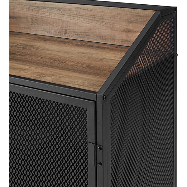 Walker Edison Malcomb Urban Industrial Metal Mesh Double Door Rolling Bar Cabinet, 33 Inch, Rustic Oak Rustic Oak 33 Inch