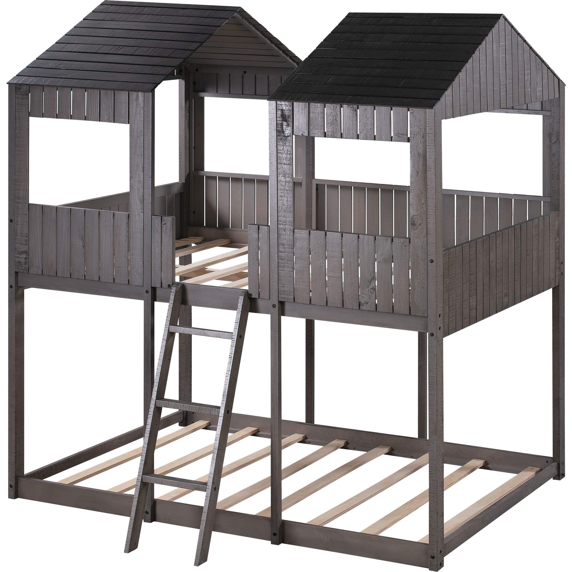 【Furniture】Low Bunk Beds Full Over Full Size, Wood Bunk Beds with Roof & Guard Rail for Kids