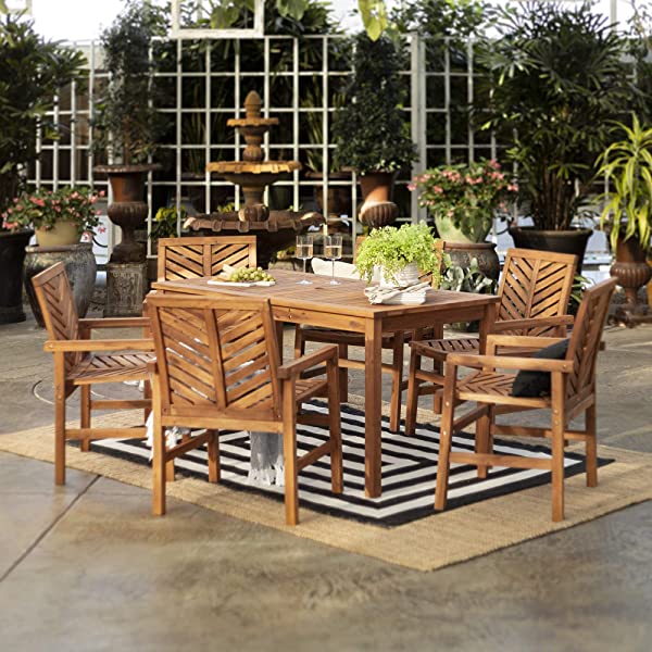 Walker Edison 5 Person Outdoor Wood Chevron Patio Furniture Dining Set Table Chairs Bench All Weather Backyard Conversation Garden Poolside Balcony, 4 Piece, Brown Brown 4 Piece Dining Set