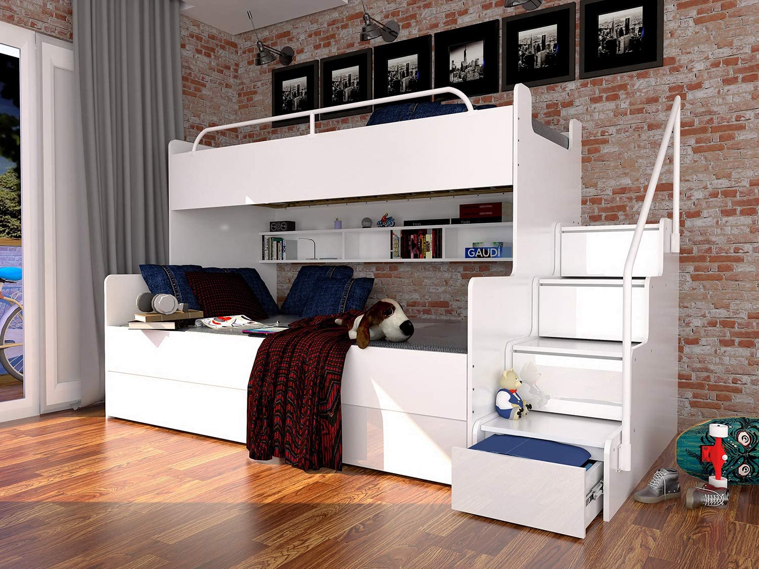 【Furniture】Bunk Bed for 2 Children Stairs Shelves Drawers Rail Modern High Gloss Inserts (White & Purple)