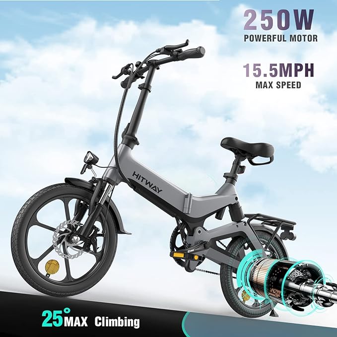 HITWAY Electric Bike 250W Foldable Pedal Assist E Bike with 7.8Ah Battery without accelerator, 16inch for Teenager and Adults