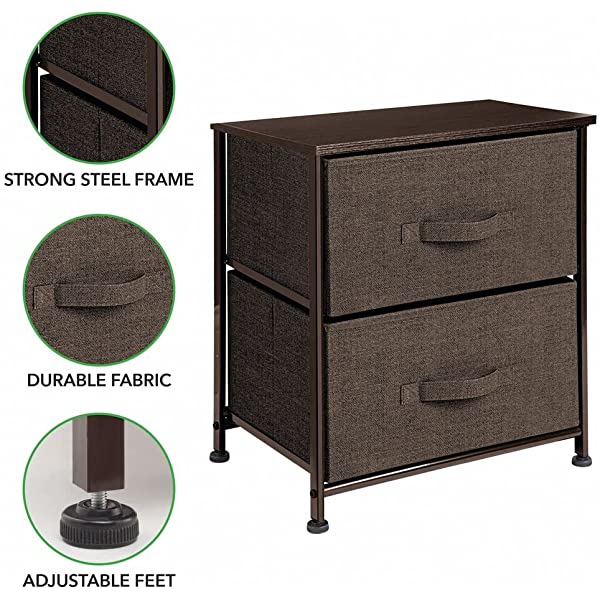 mDesign Storage Dresser End/Side Table Night Stand Furniture Unit - Small Standing Organizer for Bedroom, Office, Living Room, and Closet - 2 Drawer Removable Fabric Bins - Gray/White Grey