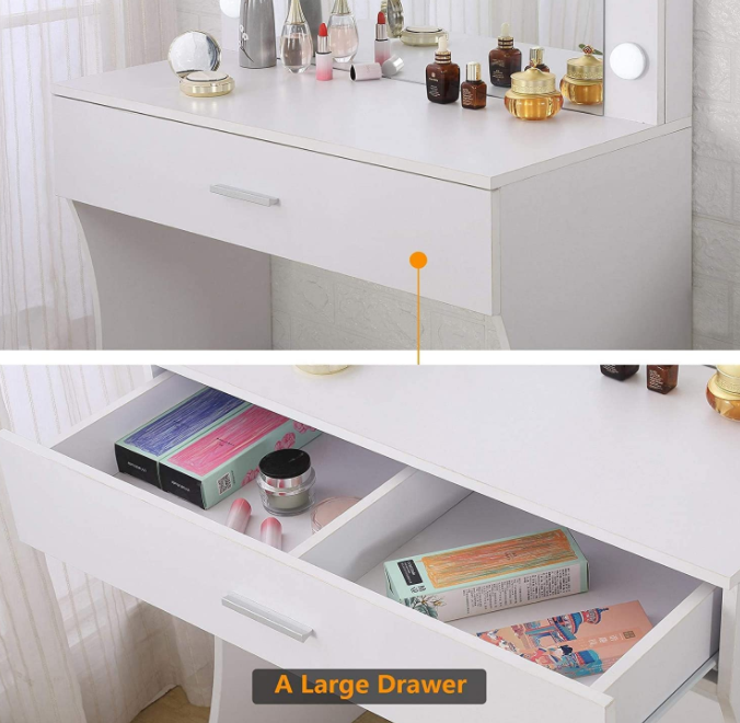 Vanity Table Set with Lighted Mirror - Makeup Vanity with Lights, Adjustable Brightness, Large Drawer Sturdy Wood Vanity, White
