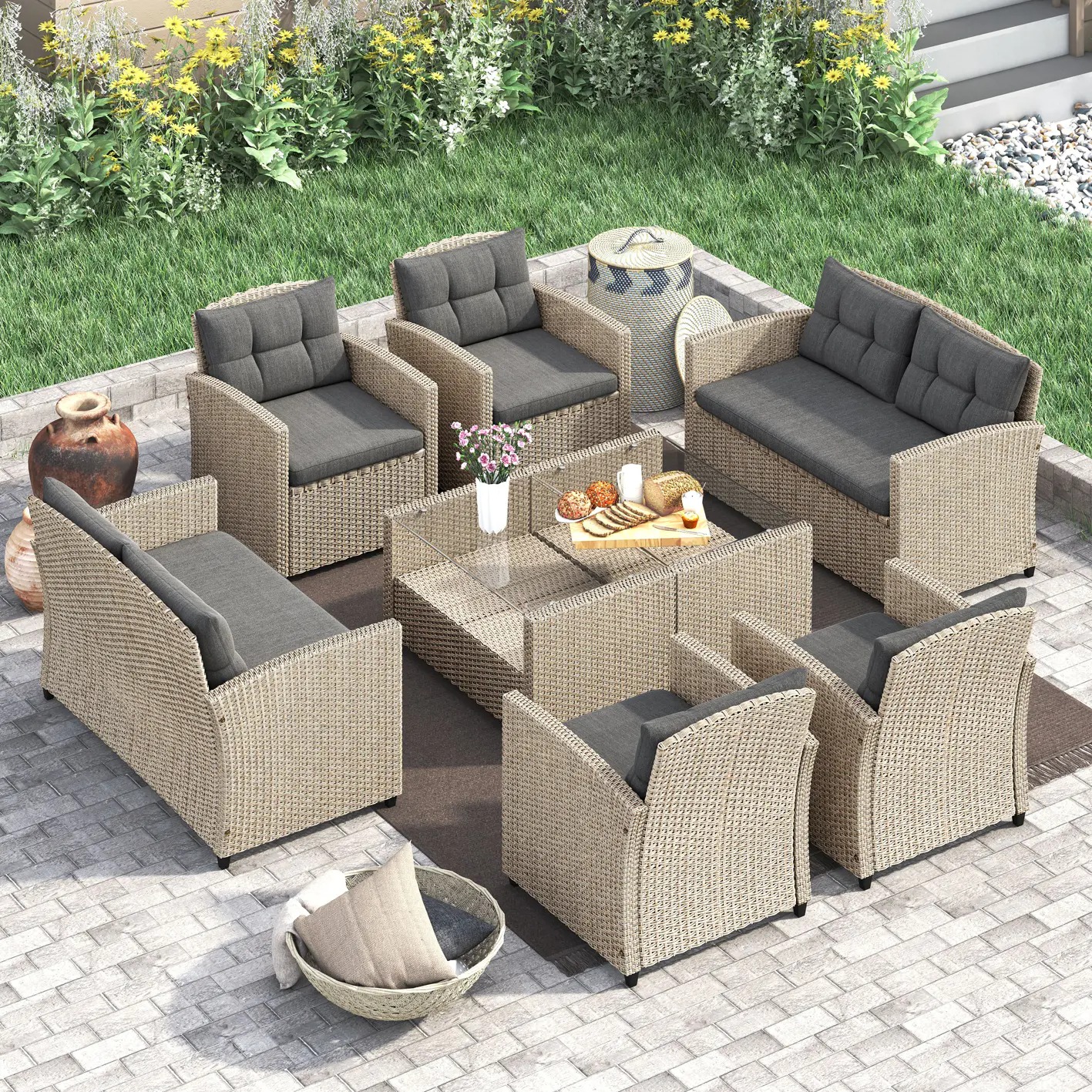 【Furniture】Corvus Armitage 8-piece Outdoor Wicker Sofa Set with Cushions - Light Grey