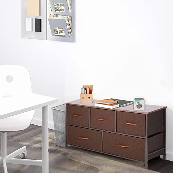 ROMOON Dresser Organizer with 5 Drawers, Fabric Storage Drawer Unit, Dresser Tower for Bedroom, Hallway, Entryway, Closets, Nursery - Wide Espresso
