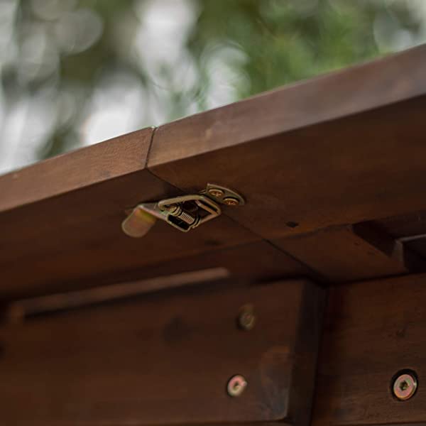 Walker Edison 5 Person Outdoor Wood Chevron Patio Furniture Dining Set Table Chairs Bench All Weather Backyard Conversation Garden Poolside Balcony, 4 Piece, Brown Brown 4 Piece Dining Set