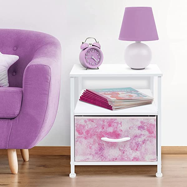 Sorbus Nightstand 1-Drawer Shelf Storage- Bedside Furniture & Accent End Table Chest for Home, Bedroom, Office, College Dorm, Steel Frame, Wood Top, Easy Pull Fabric Bins (Rustic Wood)