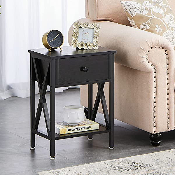 VECELO Modern Versatile Nightstands X-Design Side End Table Night Stand Storage Shelf with Bin Drawer for Living Room Bedroom, Brown+Black Brown+black Modern