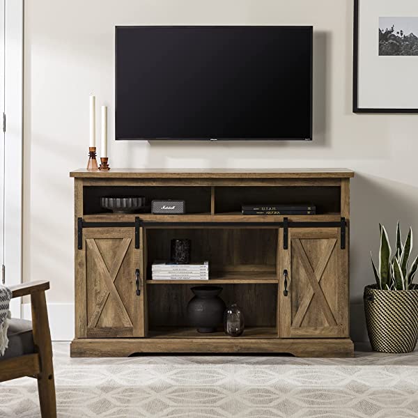 Walker Edison Richmond modern farmhouse sliding barn door TV stand for up to 52 inches, white and rustic oak white without fireplace 52 inches TV