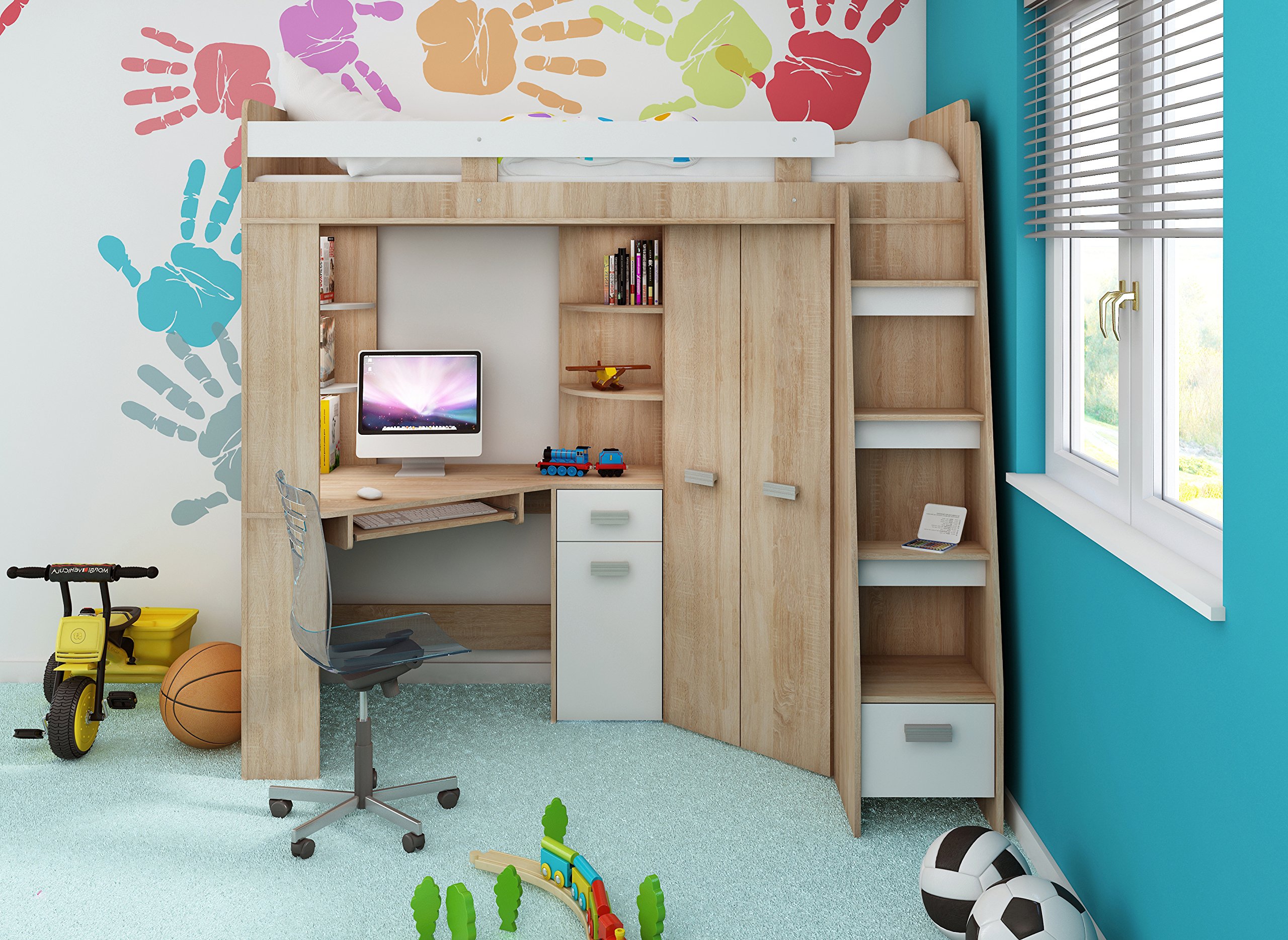 【Furniture】High Sleeper/Bunk Bed - All In 1 Right or Left Hand-side Stairs - Kids/Children Furniture Set