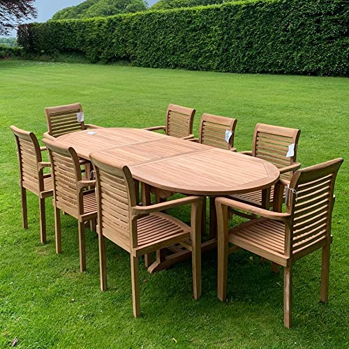 Teak Garden Furniture Set, Garden Table & 8 Chairs, Wooden Garden Furniture Set with Parasol