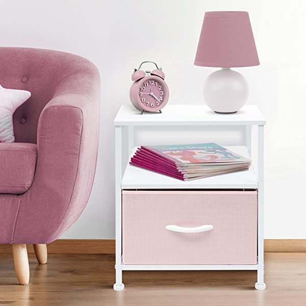 Sorbus Nightstand 1-Drawer Shelf Storage- Bedside Furniture & Accent End Table Chest for Home, Bedroom, Office, College Dorm, Steel Frame, Wood Top, Easy Pull Fabric Bins (Rustic Wood)