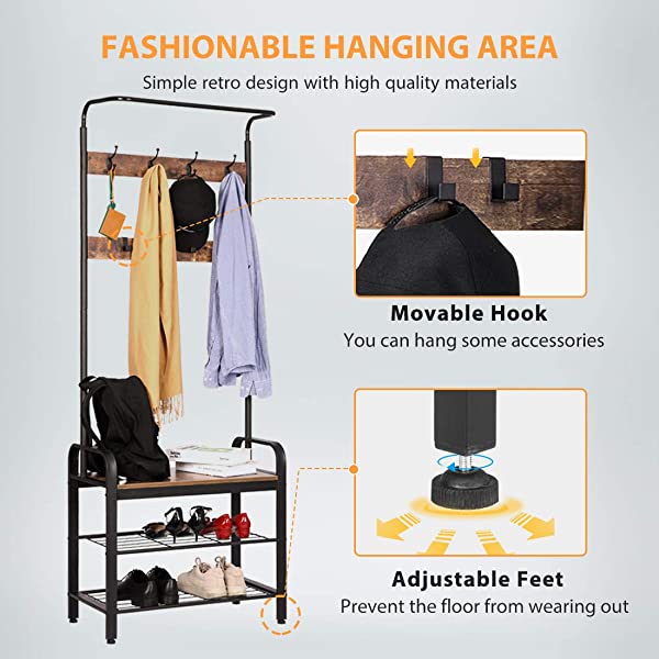VIVOHOME 3-in-1 Entryway Hall Tree, Heavy Duty MDF Stand Coat Rack with Storage Bench, Industrial Wood Furniture with Stable Metal Frame, 8 Hooks Rustic Brown