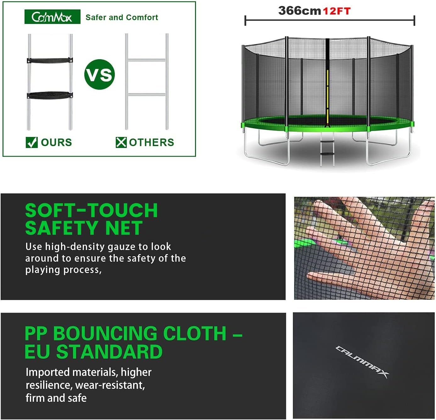 CalmMax Trampoline 12FT 14FT 15FT 16FT Jump Recreational Trampolines with Enclosure Net - ASTM Approved- Combo Bounce Outdoor Trampoline for Kids Family Happy Time