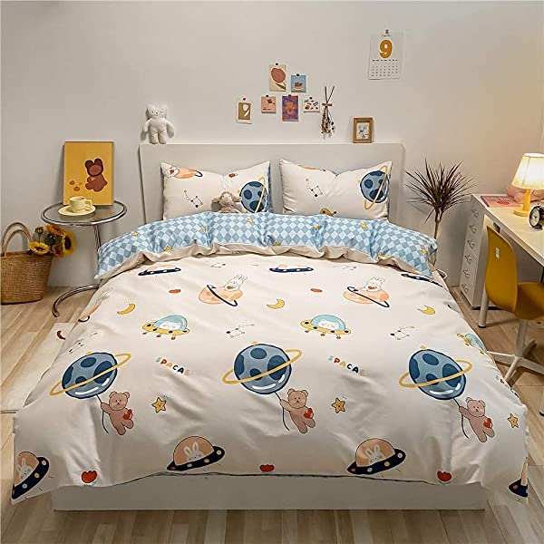 New Cartoon Animals Elephant Print Duvet Cover Sets for Kids 100% Cotton Reversible Soft 3 Pieces Kids Bedding Duvet Cover Pillowcases Kawaii Cloud Bedding Sets, Queen/Full Full/Queen (1 Duvet Cover + 2 Pillowcases) Multi A00 Elephant Bunny Balloon