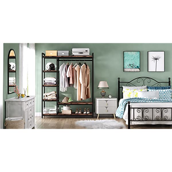 LITTLE TREE Free-Standing Closet Organizer, Heavy Duty Clothes Closet, Portable Garment Rack with 6 Shelves and Hanging Rod, Black Metal Frame&Rustic Board Finish Vingte &Black