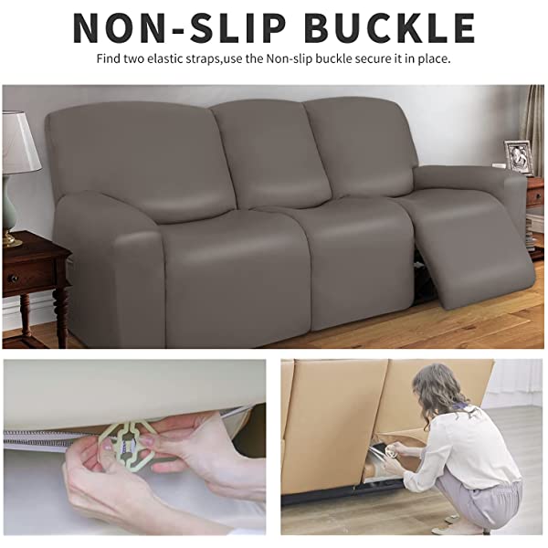 Easy-Going PU Leather Recliner Sofa Slipcovers, Waterproof Stretch Sofa Covers, 8 Pieces Stretch Furniture Protector, Elastic Strap Shield Pets Kids Children Cats Dogs Beige