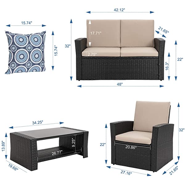 Shintenchi 4-Piece Outdoor Patio Furniture Set, Wicker Rattan Sectional Sofa Couch with Glass Coffee Table | Black