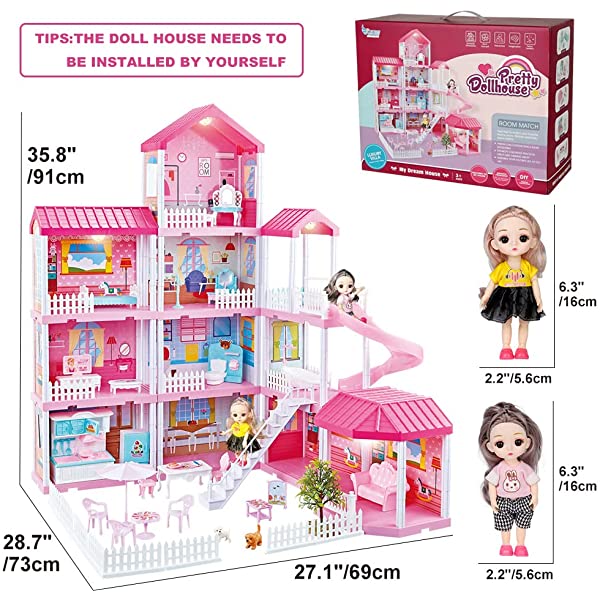 Doll House Kit,Dollhouse with Lights, Slide, Pets and Dolls, DIY Pretend Play Building Playset Toys with Asseccories and Furniture, Princess House for Toddlers, Kids Boy & Girl (11 Rooms)