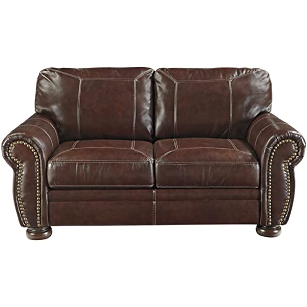 Signature Design by Ashley - Banner Traditional Style Faux Leather Loveseat w/ Nailhead Trim, Coffee Brown