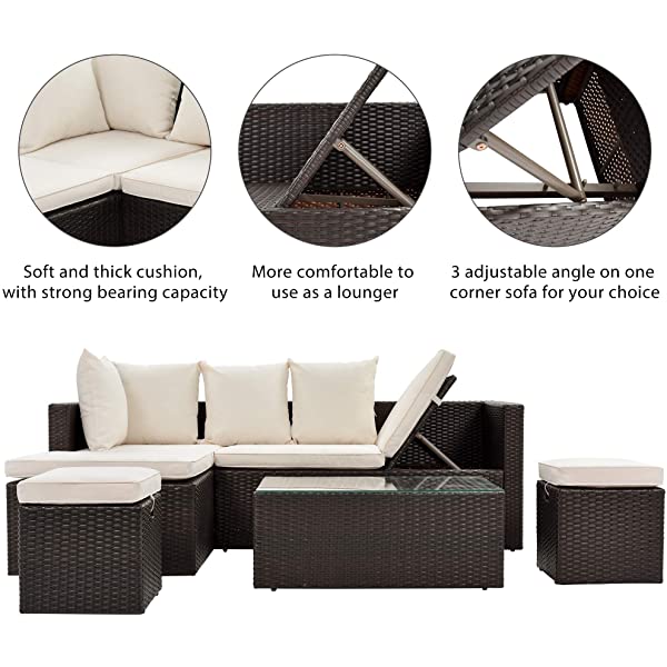 AWQM 5 Pieces Patio Furniture Sets All Weather Outdoor Sectional Sofa Manual Weaving Wicker Rattan Patio Conversation Set with Cushion and Glass Table, Brown 5 Piece Patio Furniture Sets