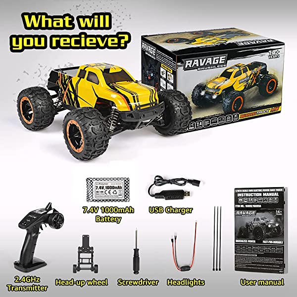 NUOKE Brushless RC Cars 1:16 Scale RTR 60km/h Remote Control Truck High Speed 4WD 2.4Ghz Waterproof Monster Truck with 2 Rechargeable Batteries Offroad Gift for Boys Car for Kids and Adults 1-yellow