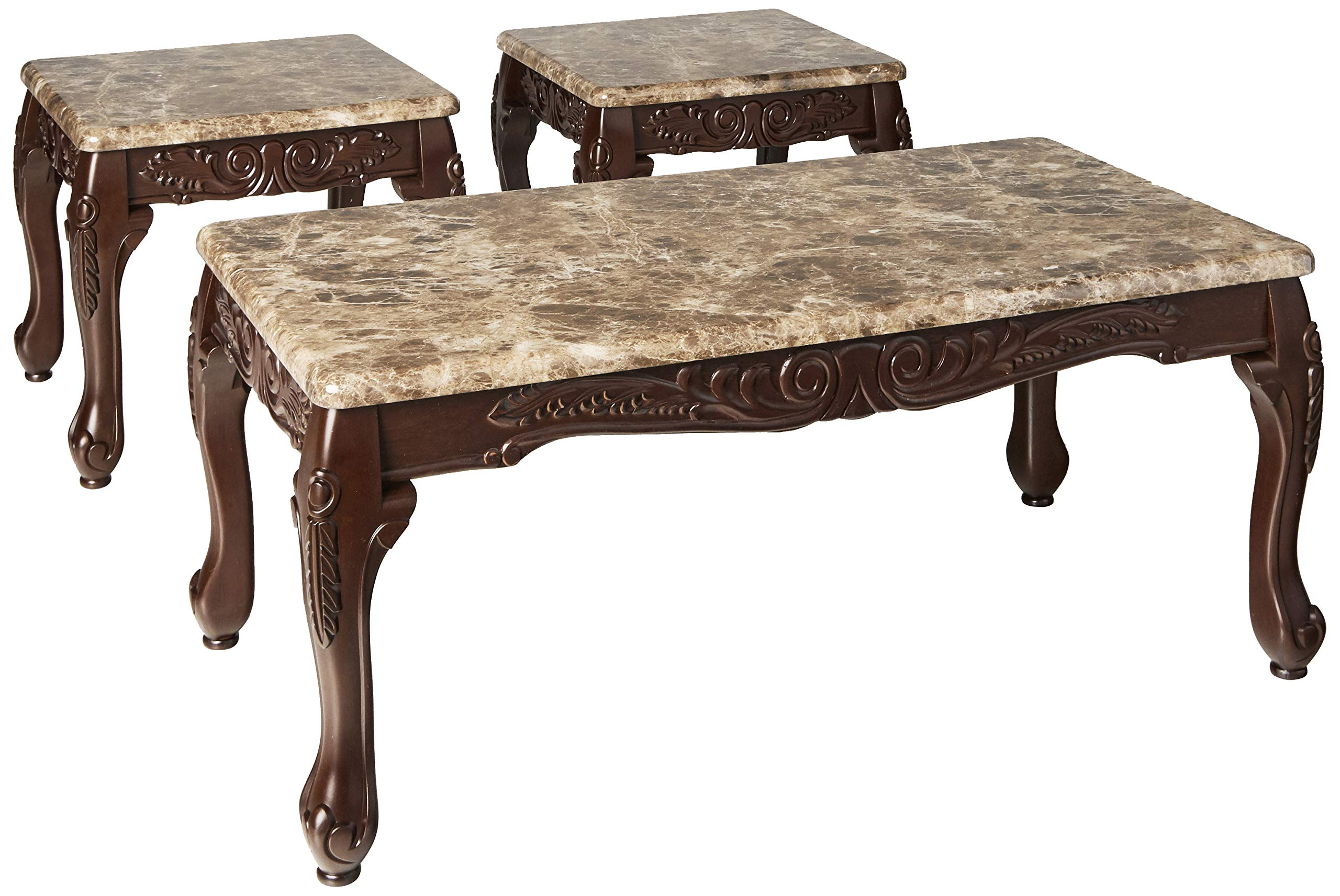 【Furniture】3-Piece Traditional Faux Marble Top Accent Tables Set, Dark Oak