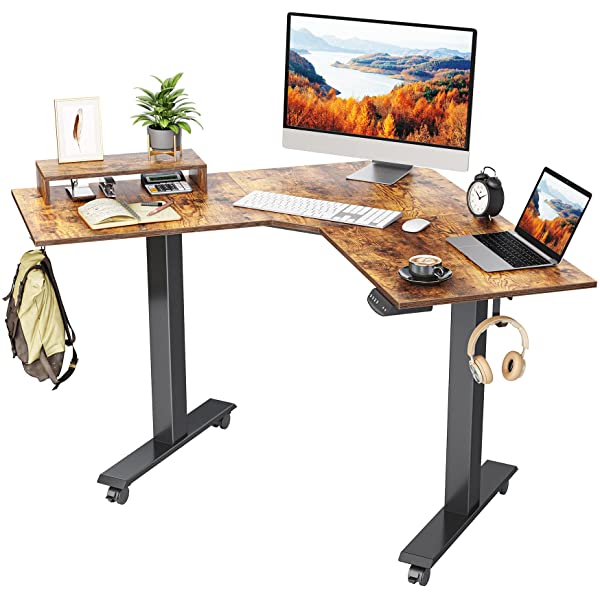 FEZIBO Dual Motor L-Shaped Electric Standing Desk, 48 Inches Height Adjustable Corner Desk, Full Sit Stand Home Office Table with Splice Board, Black Frame/Rustic Brown Top