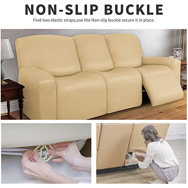 Easy-Going PU Leather Recliner Sofa Slipcovers, Waterproof Stretch Sofa Covers, 8 Pieces Stretch Furniture Protector, Elastic Strap Shield Pets Kids Children Cats Dogs Beige